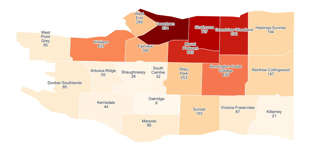 Map of counts of graffiti buildings on each local area